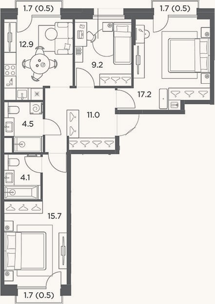 Планировка: 3-к, 74,6 м²