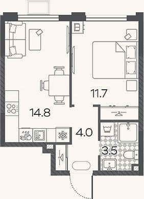 Планировка: 2-к, 34 м²