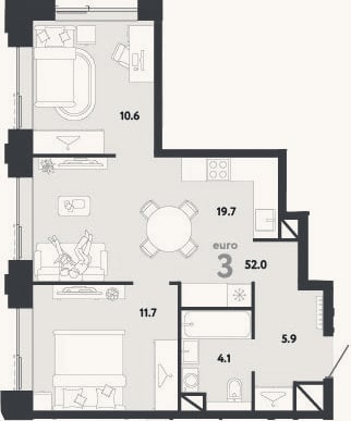 Планировка: 3-к, 52 м²