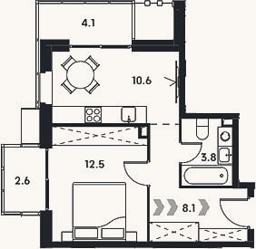 Планировка: 1-к, 35 м²