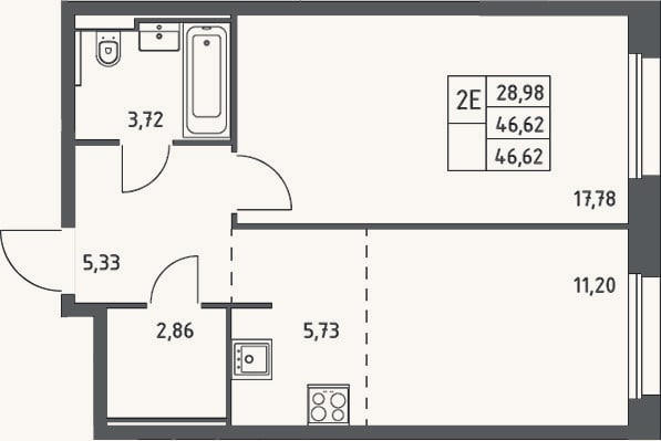 Планировка: 2-к, 46,6 м²