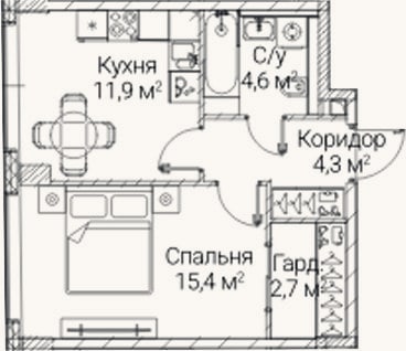 Планировка: 1-к, 38,9 м²