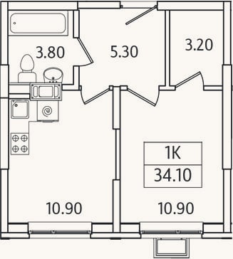Планировка: 1-к, 34,1 м²