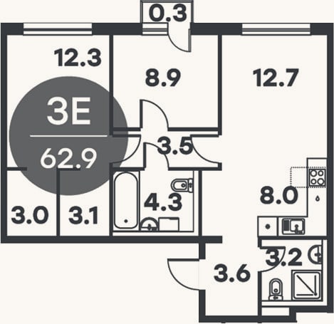 Планировка: 3-к, 62,6 м²