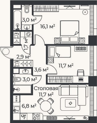 Планировка: 3-к, 60,4 м²