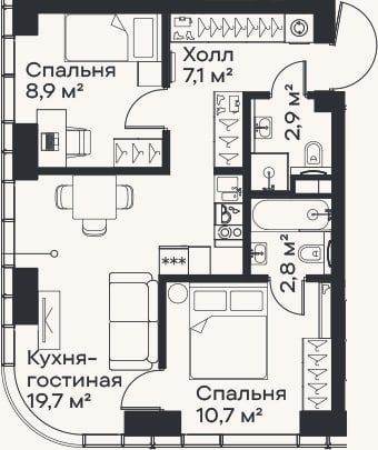 Планировка: 3-к, 51,1 м²