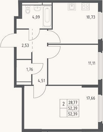 Планировка: 2-к, 52,4 м²