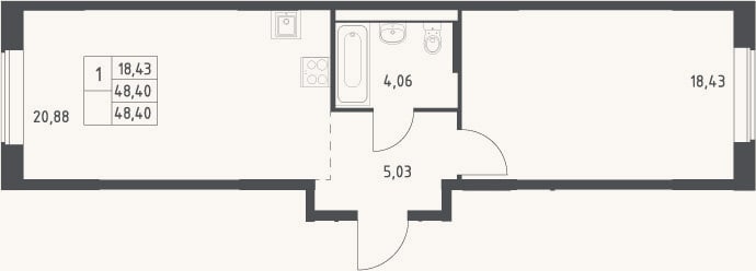 Планировка: 2-к, 48,4 м²