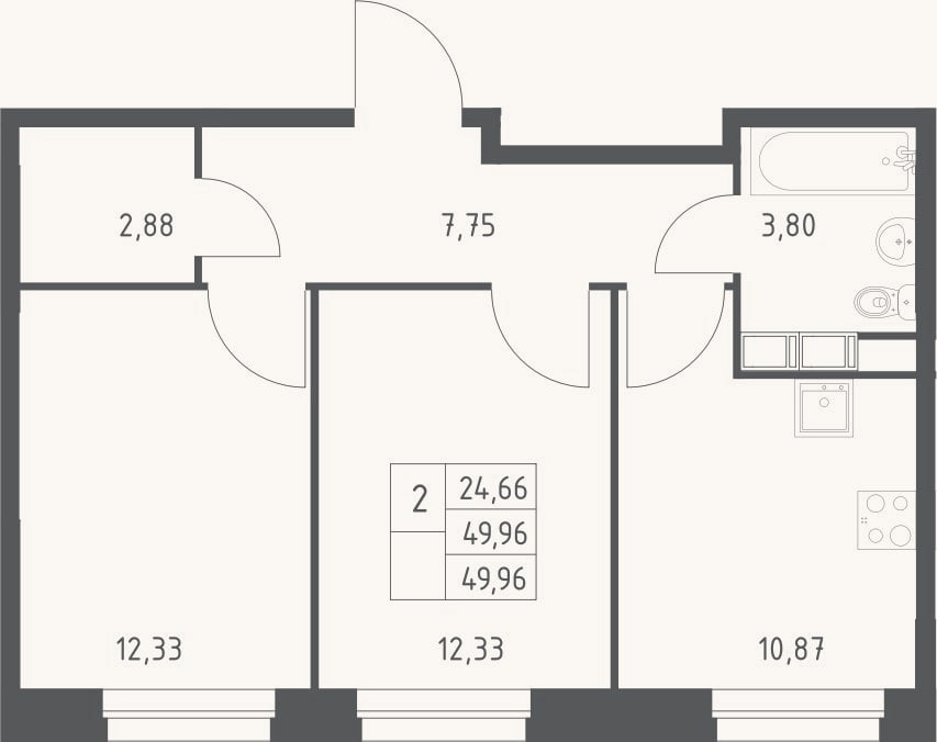 Планировка: 2-к, 50 м²