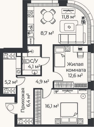 Планировка: 3-к, 69,8 м²