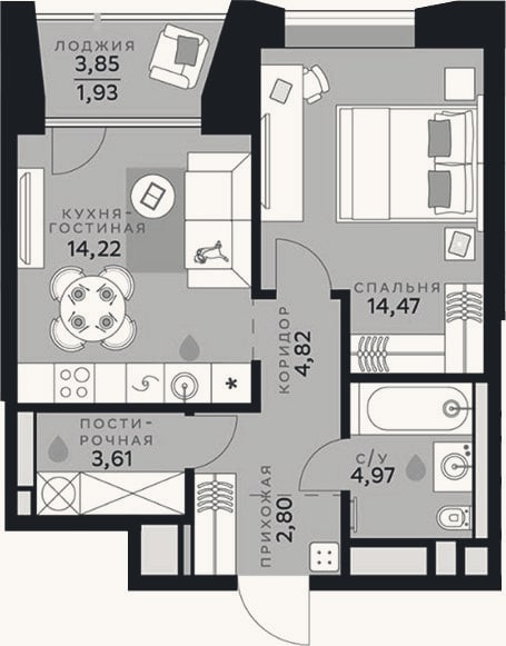 Планировка: 2-к, 44,9 м²