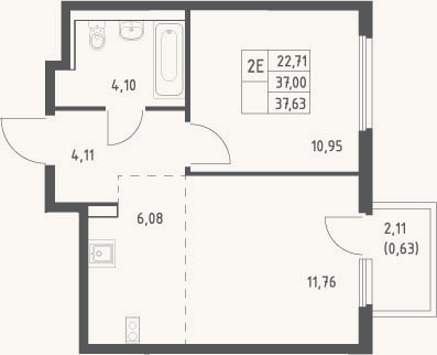 Планировка: 2-к, 37 м²