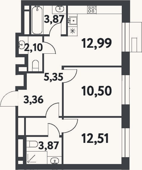 Планировка: 2-к, 54,6 м²
