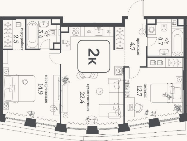 Планировка: 2-к, 65,3 м²