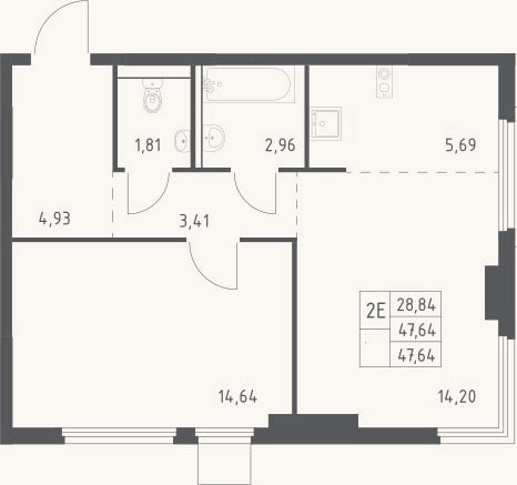 Планировка: 2-к, 47,6 м²
