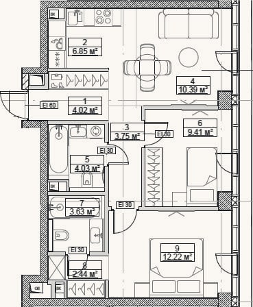 Планировка: 3-к, 56,7 м²