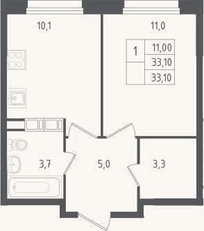 Планировка: 1-к, 33,1 м²