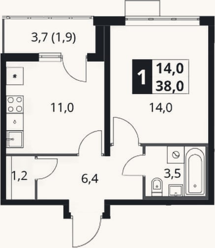 Планировка: 1-к, 36,1 м²