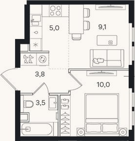 Планировка: 2-к, 31,4 м²