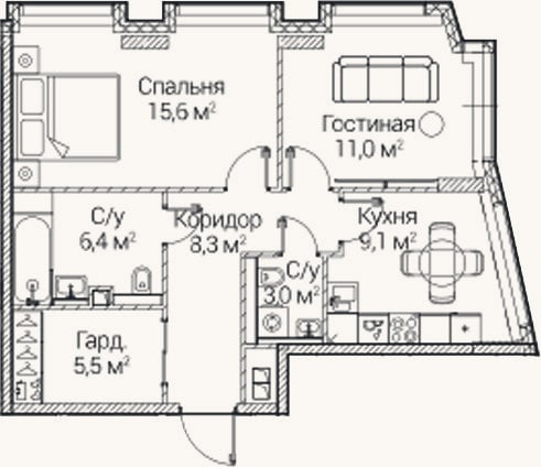 Планировка: 2-к, 58,9 м²