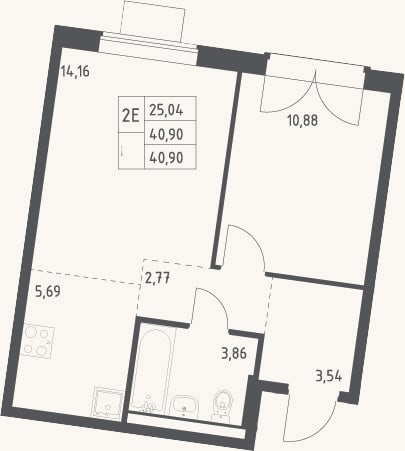 Планировка: 2-к, 40,9 м²