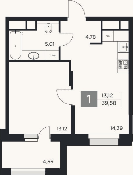 Планировка: 1-к, 37,3 м²