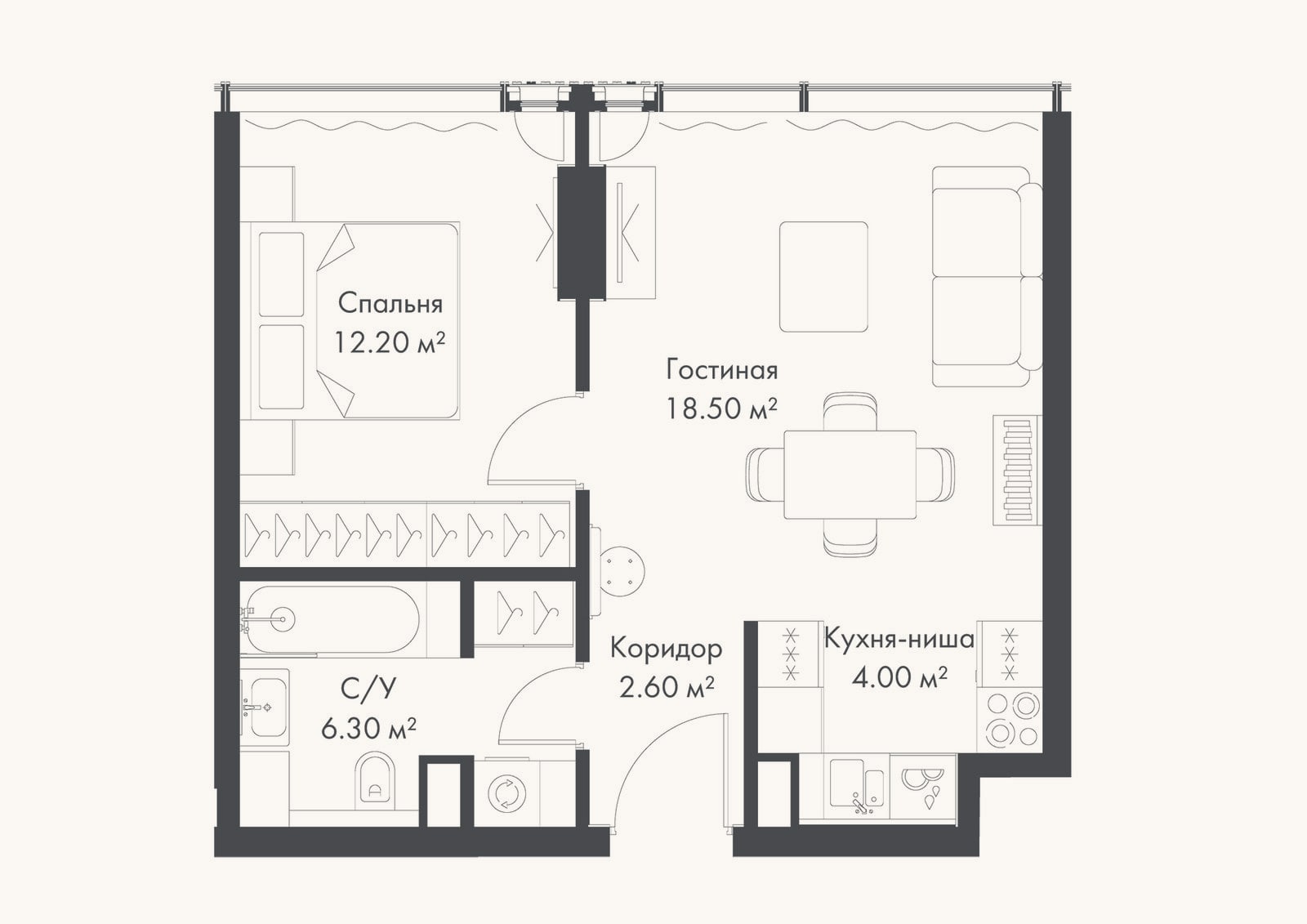 Планировка: 2-к, 43,6 м²