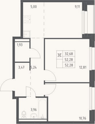 Планировка: 3-к, 52,3 м²