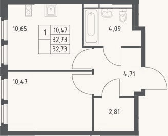 Планировка: 1-к, 32,7 м²