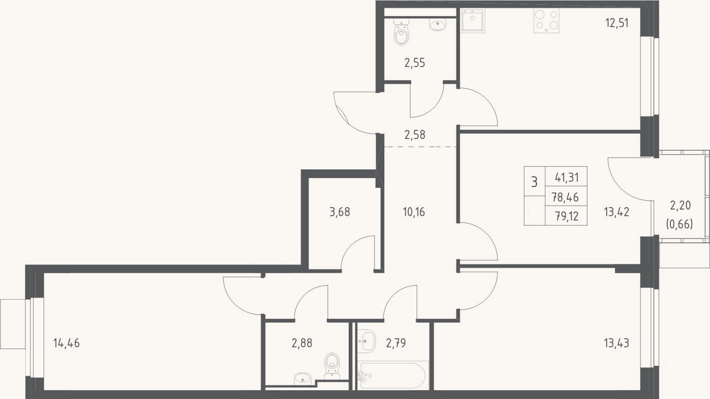 Планировка: 3-к, 78,5 м²