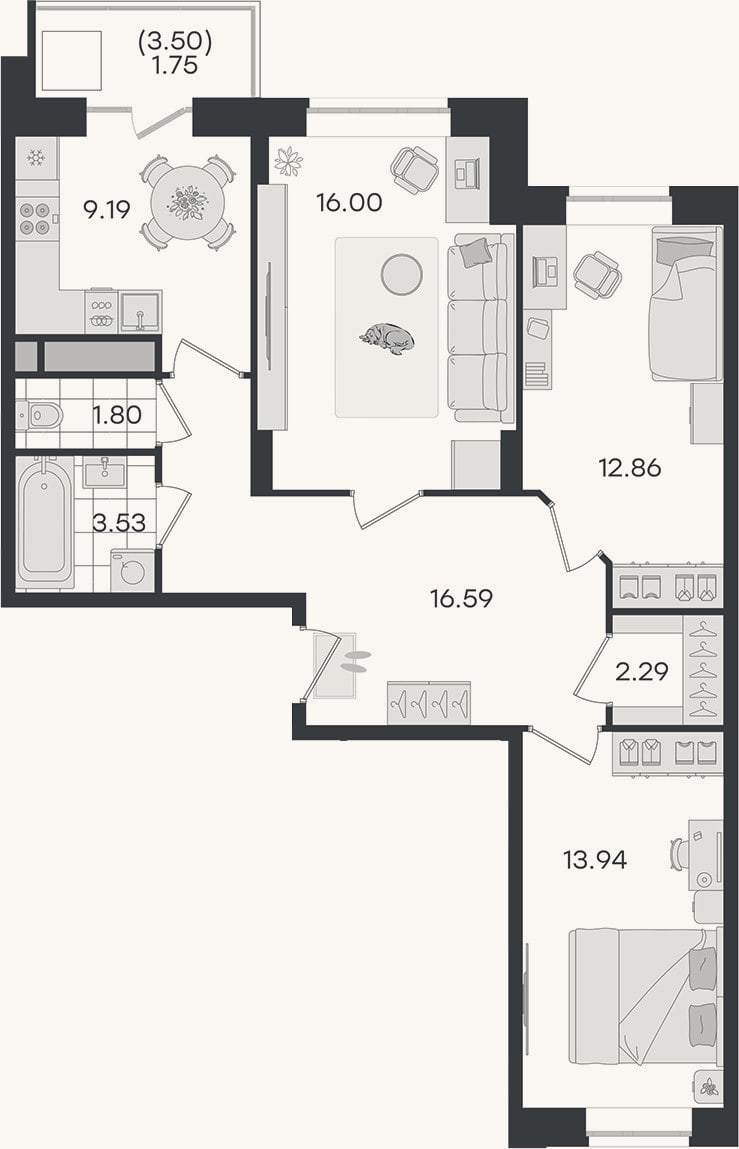 Планировка: 3-к, 76,2 м²