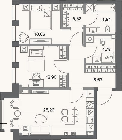 Планировка: 2-к, 72,5 м²