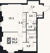 Планировка: 2-к, 55,6 м²