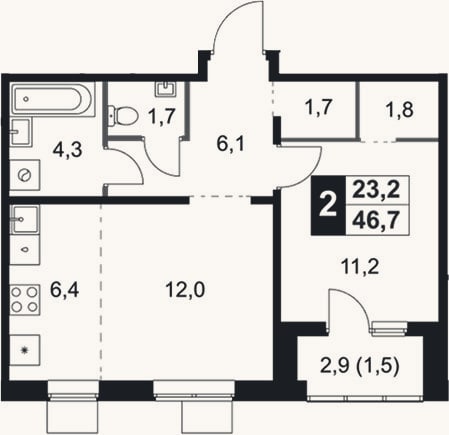 Планировка: 2-к, 45,2 м²