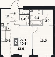 Планировка: 2-к, 49,8 м²
