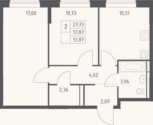 Планировка: 2-к, 51,9 м²