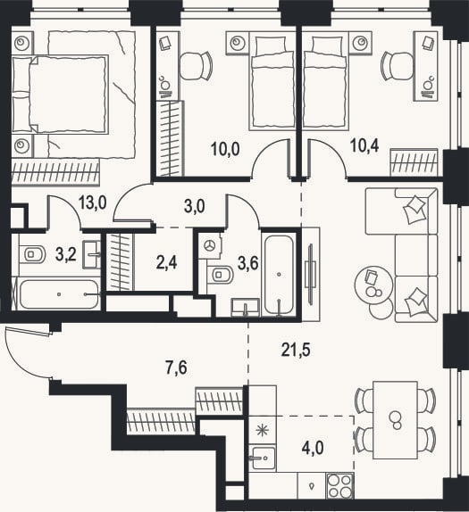 Планировка: 4+ к, 78,7 м²