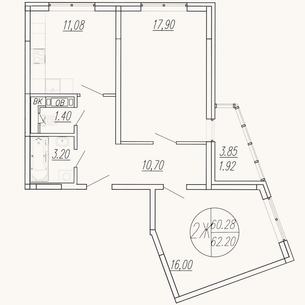 Планировка: 2-к, 60,3 м²