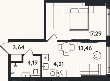 Планировка: 2-к, 42,8 м²