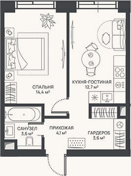 Планировка: 2-к, 38,4 м²