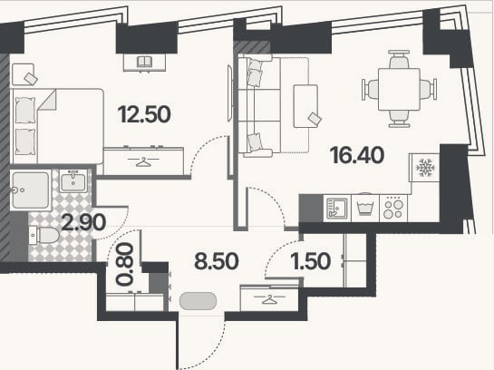Планировка: 2-к, 42,6 м²