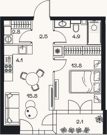Планировка: 2-к, 43,9 м²