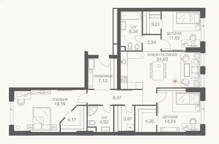 Планировка: 4+ к, 112,8 м²