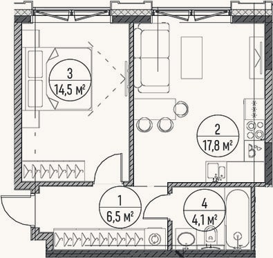 Планировка: 2-к, 42,9 м²