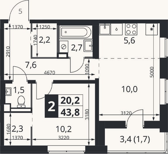Планировка: 2-к, 42,1 м²