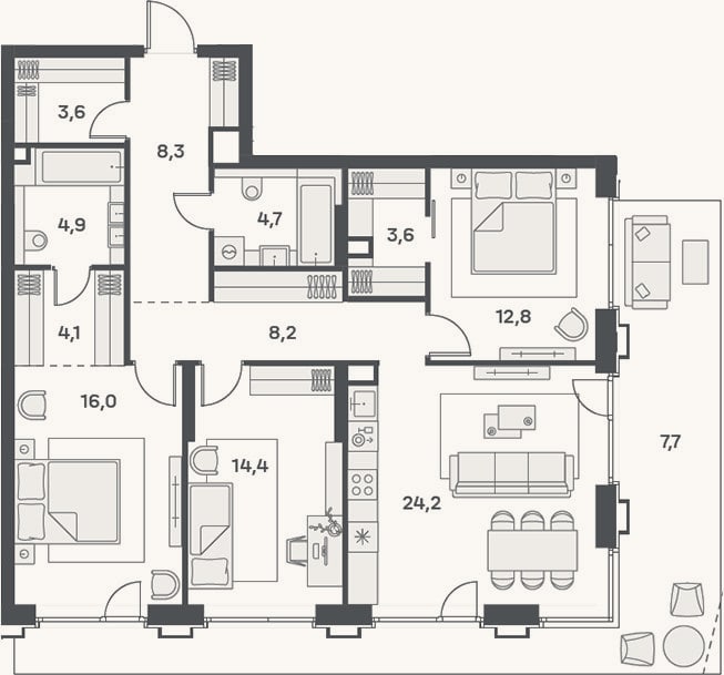 Планировка: 4+ к, 127,1 м²