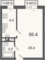 Планировка: 1-к, 29,8 м²