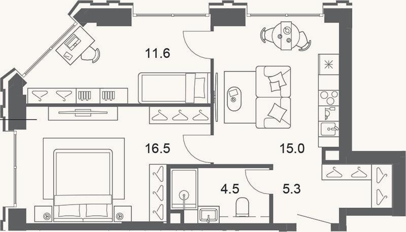 Планировка: 3-к, 53,3 м²