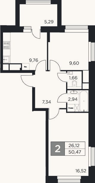 Планировка: 2-к, 47,8 м²