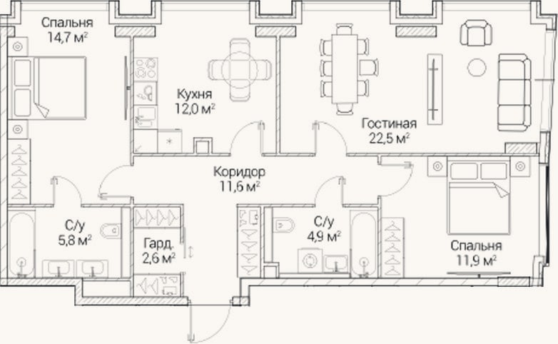 Планировка: 3-к, 86 м²